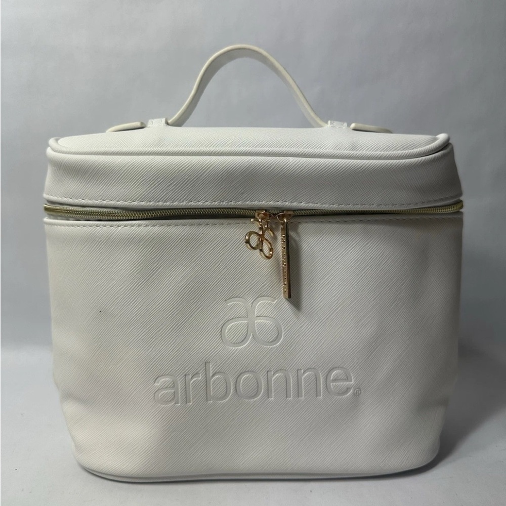Lot 2 Arbonne logo White leather Toiletries cosmetic travel bag with Zipper NEW